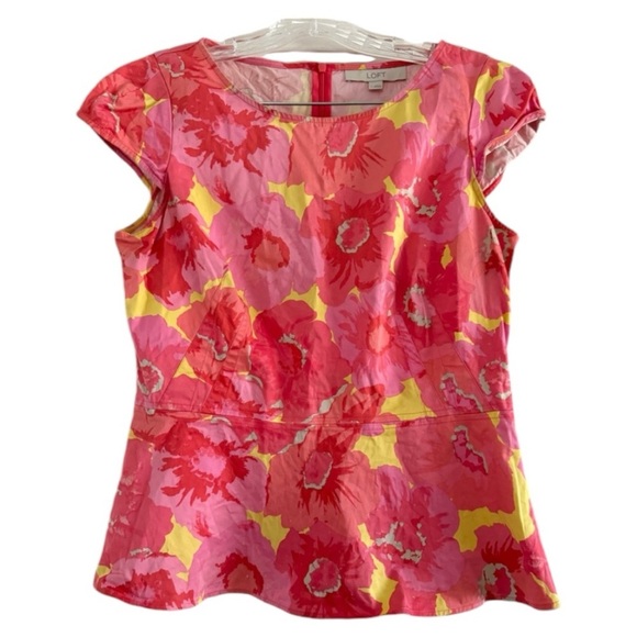 Ann Taylor LOFT Women’s Pink Bright Floral Peplum Shell Tropical Blouse-Size 2 - Picture 1 of 7